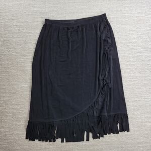 Chicos Travelers Fringe Skirt Womens XL Black Ribbed Faux Wrap Slinky Rodeo